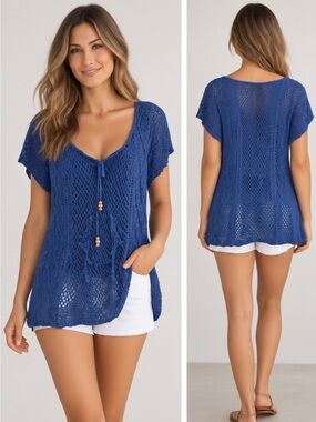 Soft Surroundings XL Blue Crochet Knit Tunic Top V-Neck Button Detail Boho